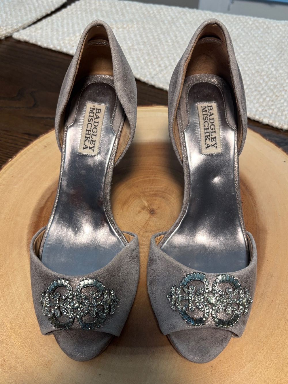 Badgley Mischka Taupe Suede Open-Toe Heels with Crystal Medallions
